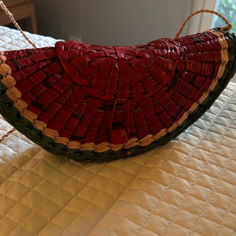 Hand Crafted Red Crescent watermelon  Shoulder Bag with Green and Cream Trim